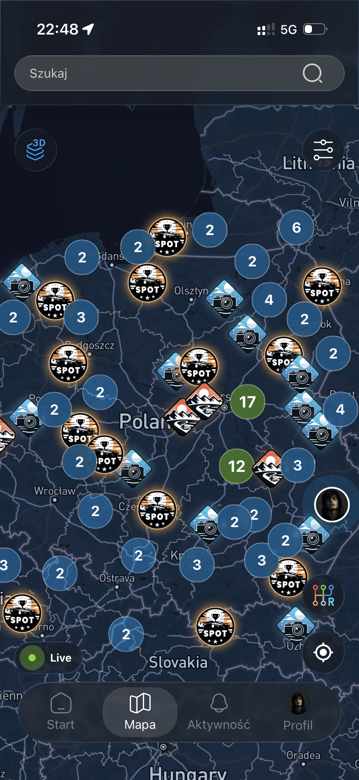Mapa Revly ze spotami i wyzwaniami w okolicy